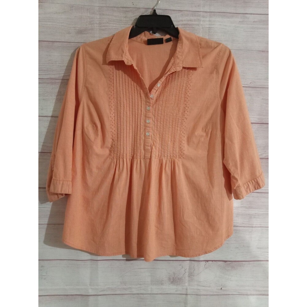 Avenue Shirt Woman's Size 18/20 Button Up 3/4 Inch Sleeve Orange White Stripe